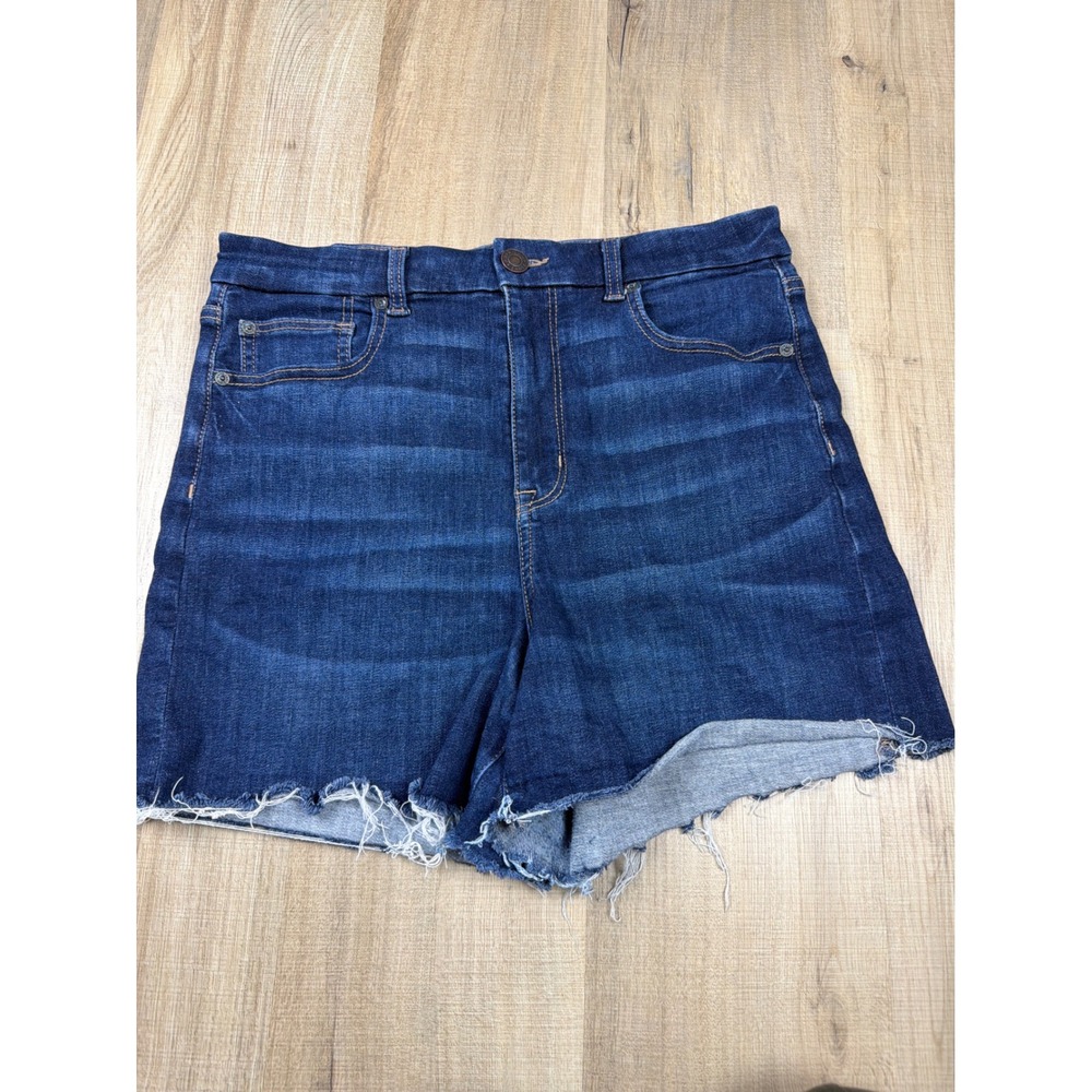 American Eagle Curvy Hi-Rise Shortie Denim Shorts Dark Wash Raw Hem Size 12